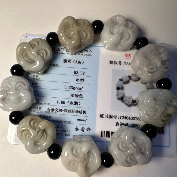 Certified Natural Grade A Myanmar Jade Green Jade Smiling Buddha Men's Bracelet - Picture 12 of 14